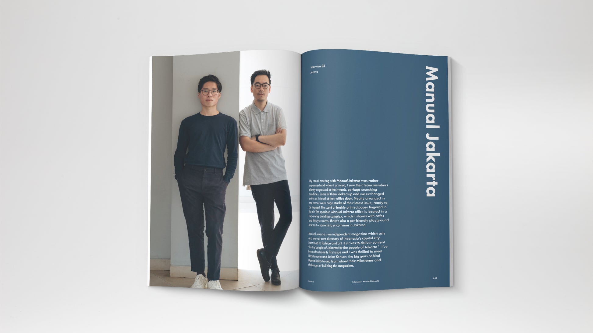 A travel magazine about Malaysia and Indonesia story. Featuring a journey from Kuala Lumpur, Pangkor Island, Kuala Terengganu, Behrang, Kota Kinabalu, Yogyakarta and Jakarta. An Interview with Manual Jakarta in South Jakarta with Julius Kensan and Hadi Ismanto.