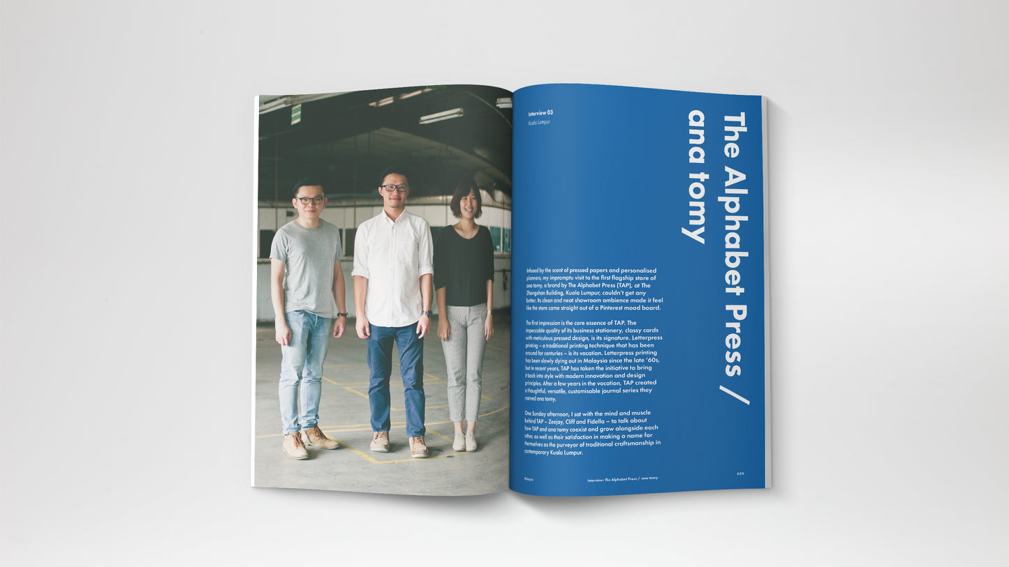 A travel magazine about Malaysia and Indonesia story. Featuring a journey from Kuala Lumpur, Pangkor Island, Kuala Terengganu, Behrang, Kota Kinabalu, Yogyakarta and Jakarta. The Alphabet Press created ana tomy,  stationery products.